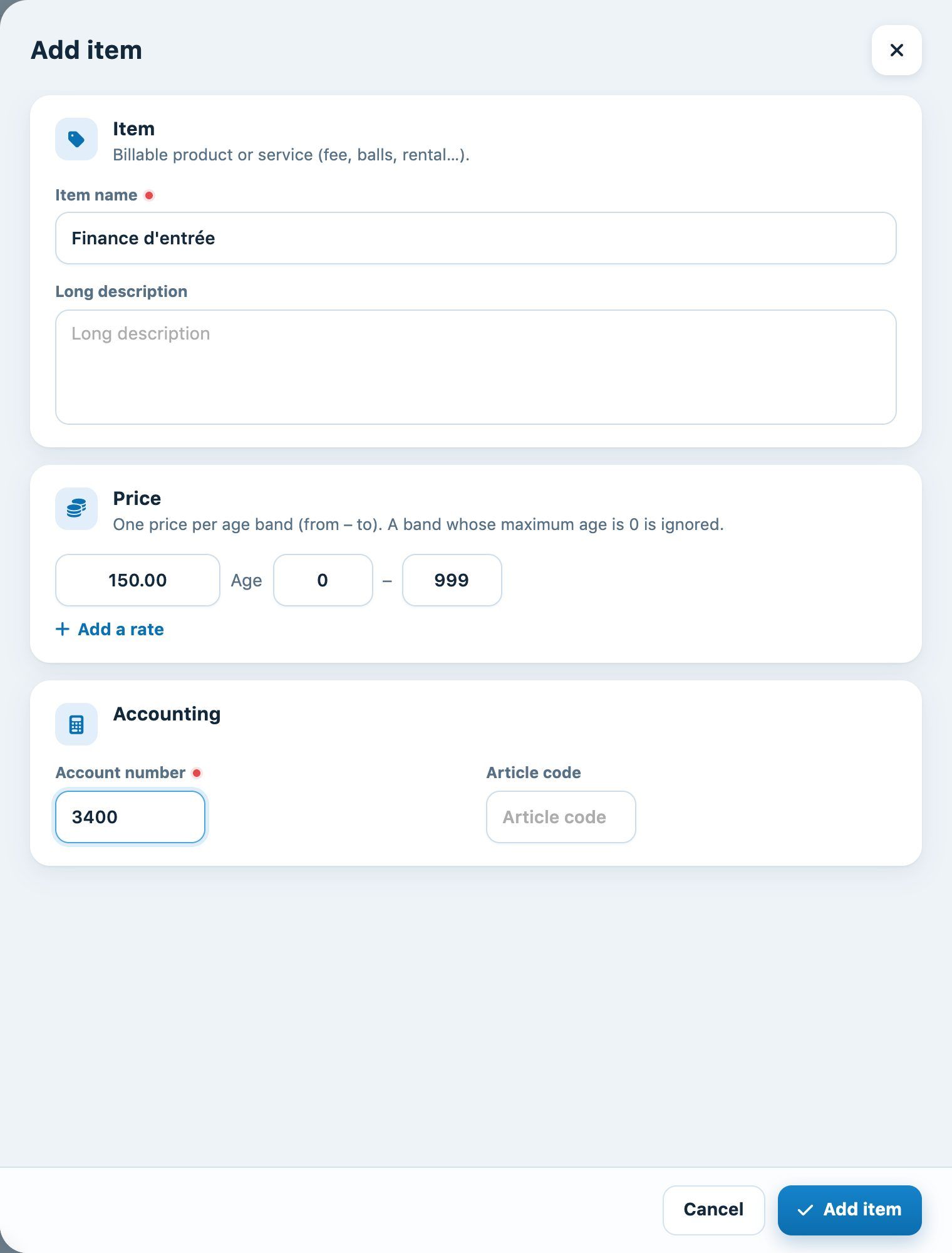 The “Add an item” panel with a price and an account number