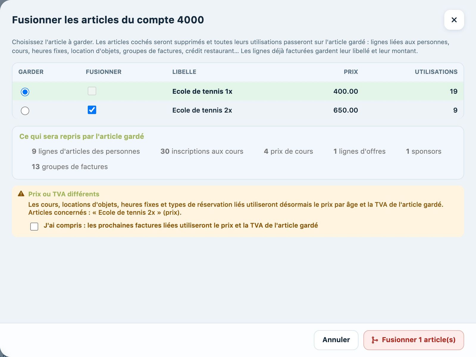 Le panneau de fusion des articles d'un même compte
