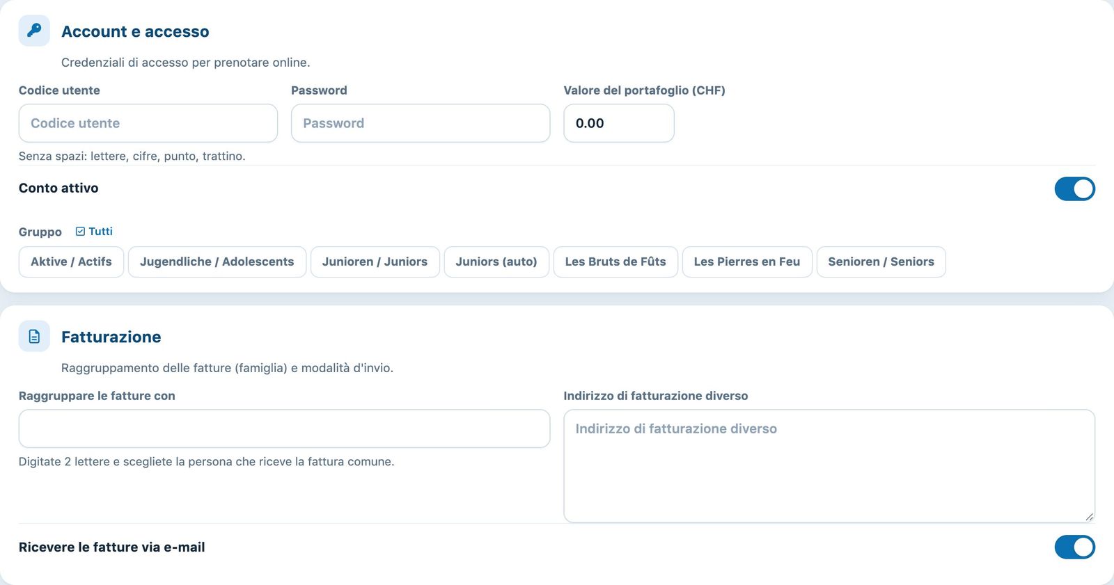 Le sezioni Account e accesso e Fatturazione