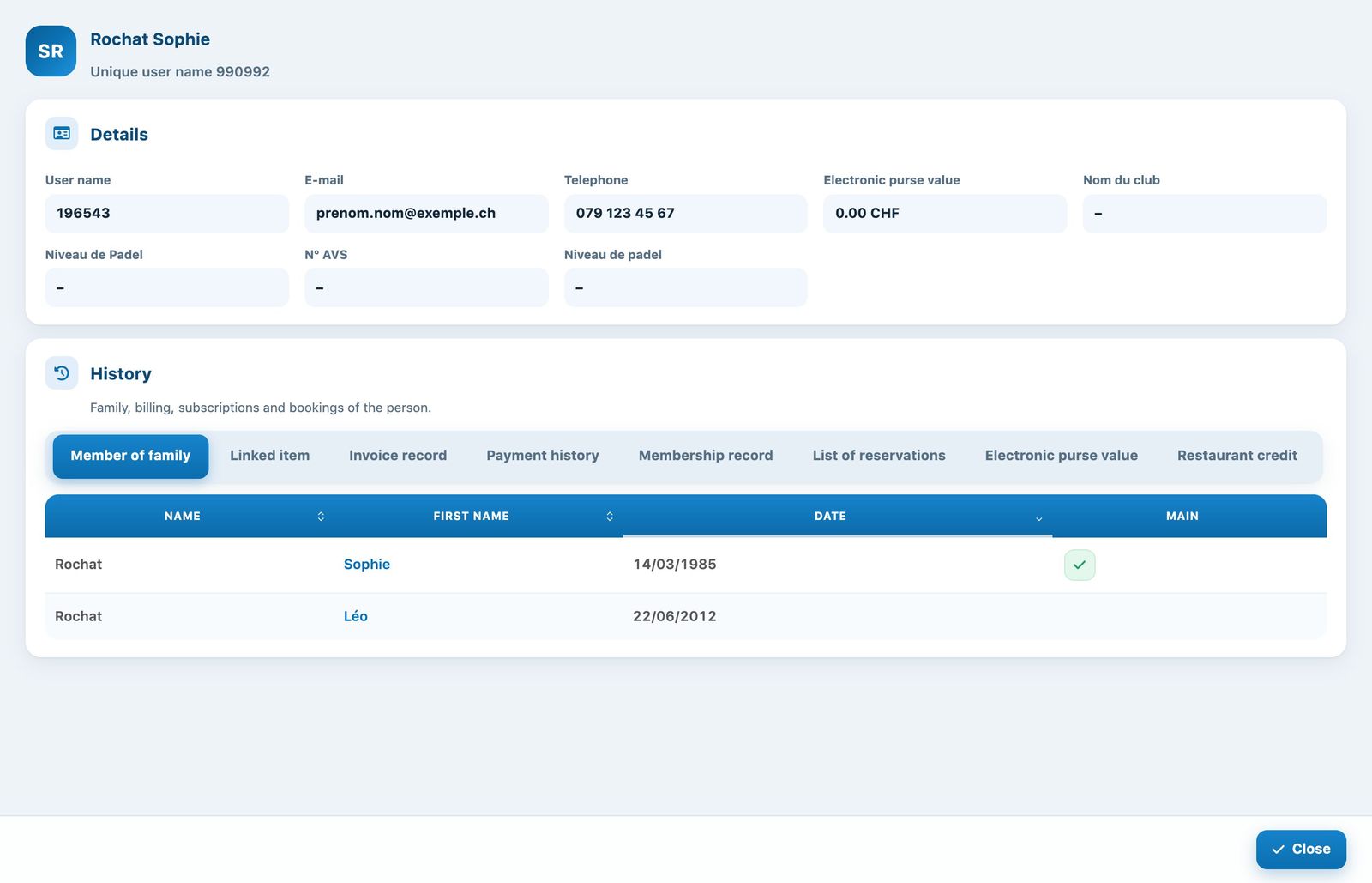 A member's profile with their details and history