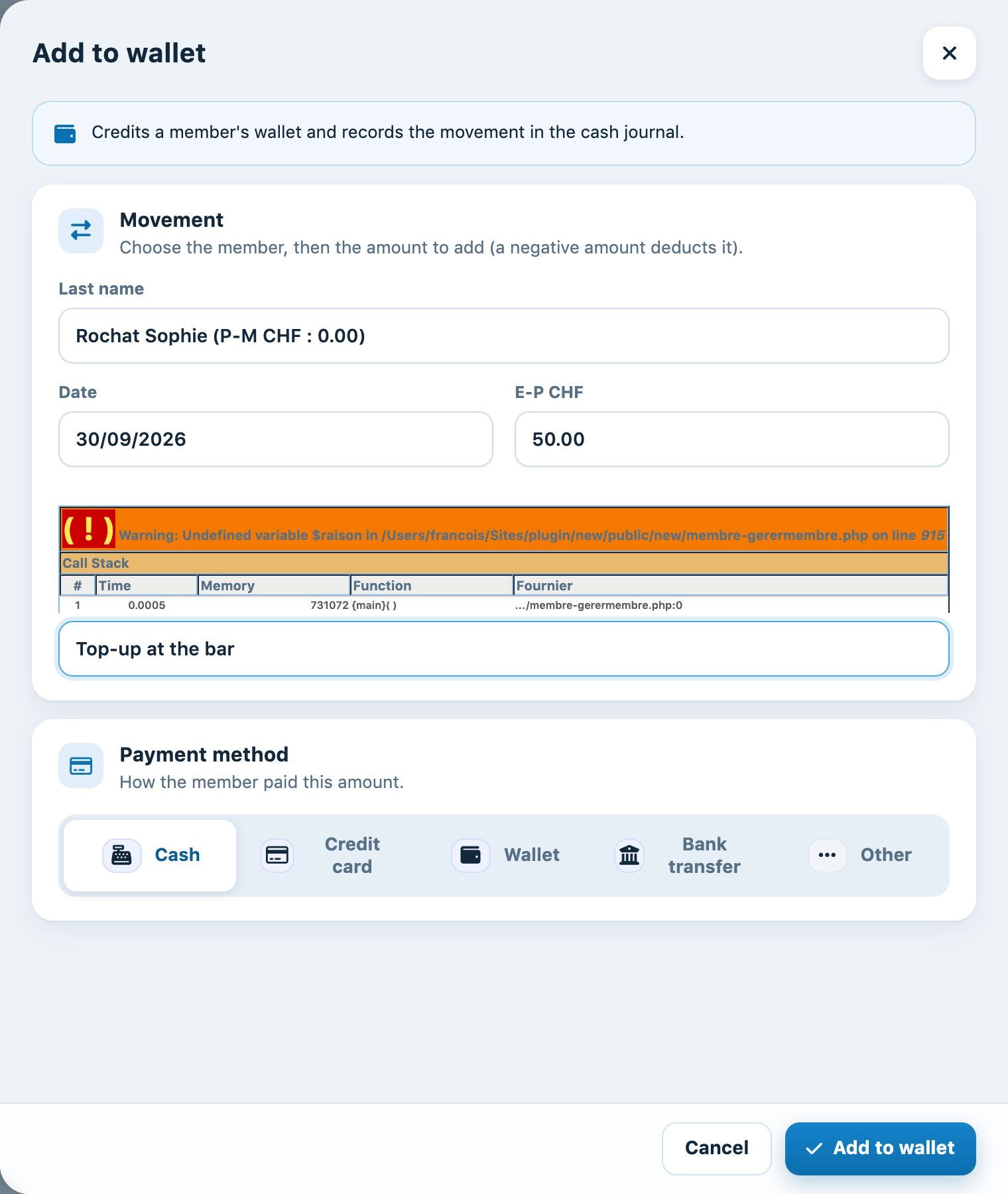 The completed Add to wallet panel