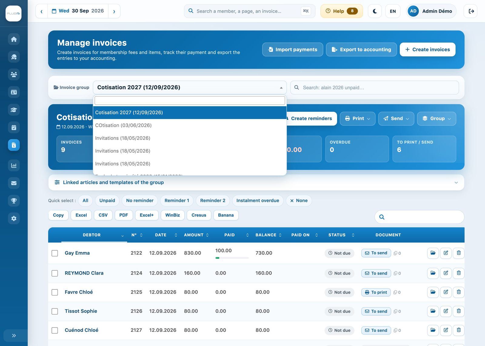 The list of invoice groups, with its filter field