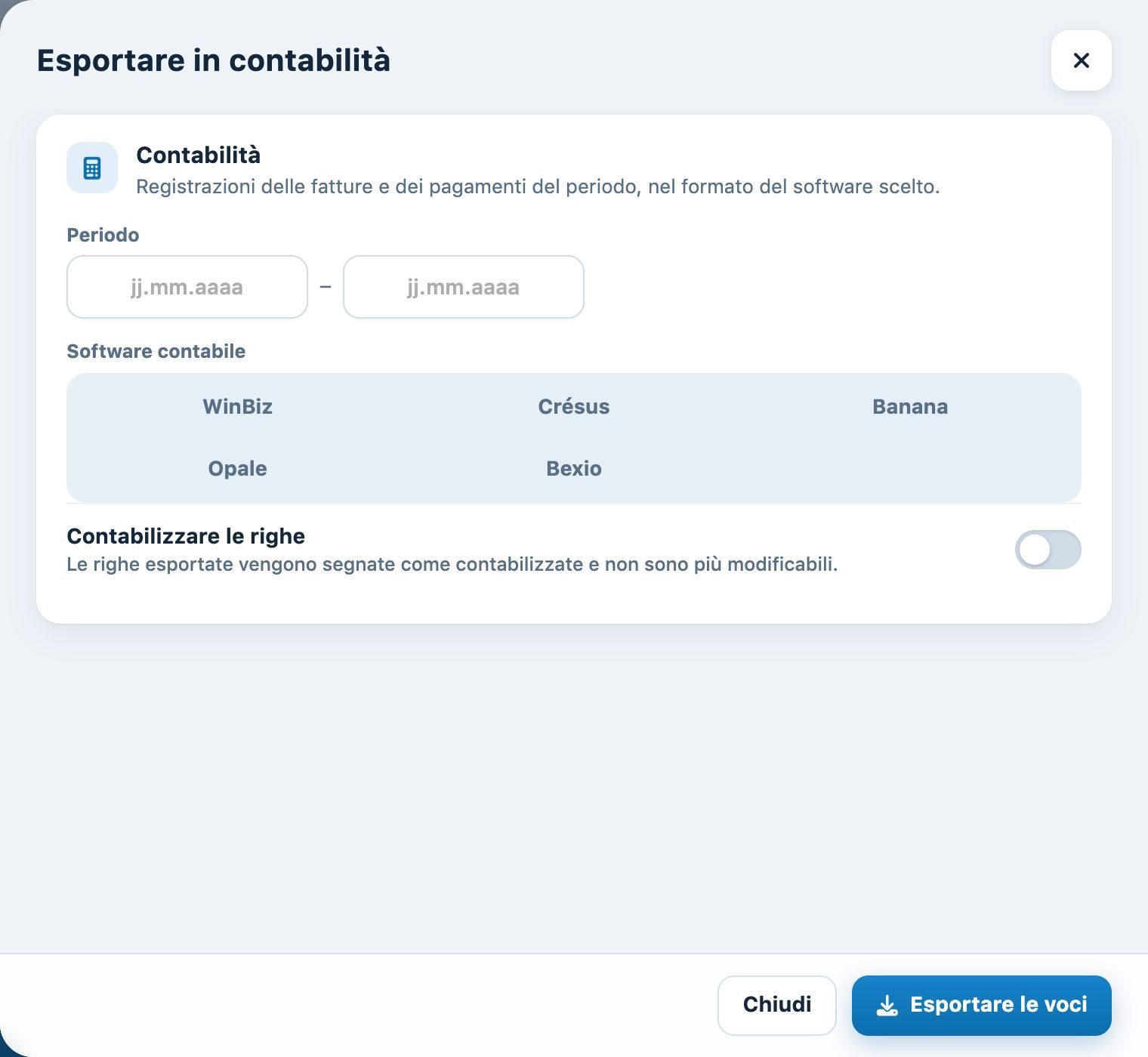 Il pannello «Esportare in contabilità»