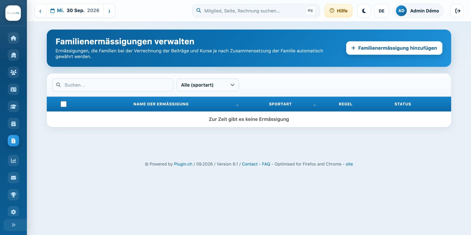 Die Seite «Familienermässigungen verwalten»