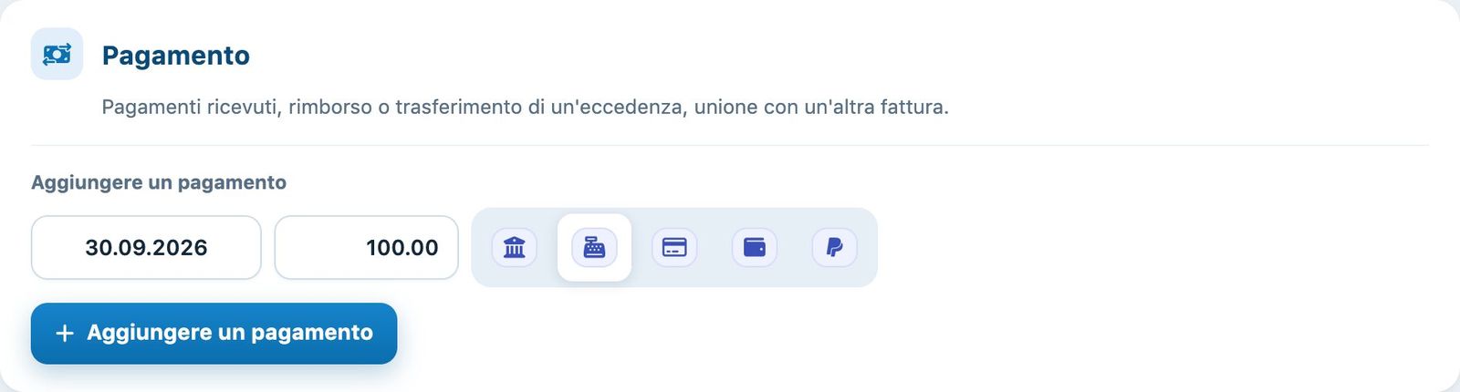 Aggiungere un pagamento di 100.00 ricevuto alla cassa
