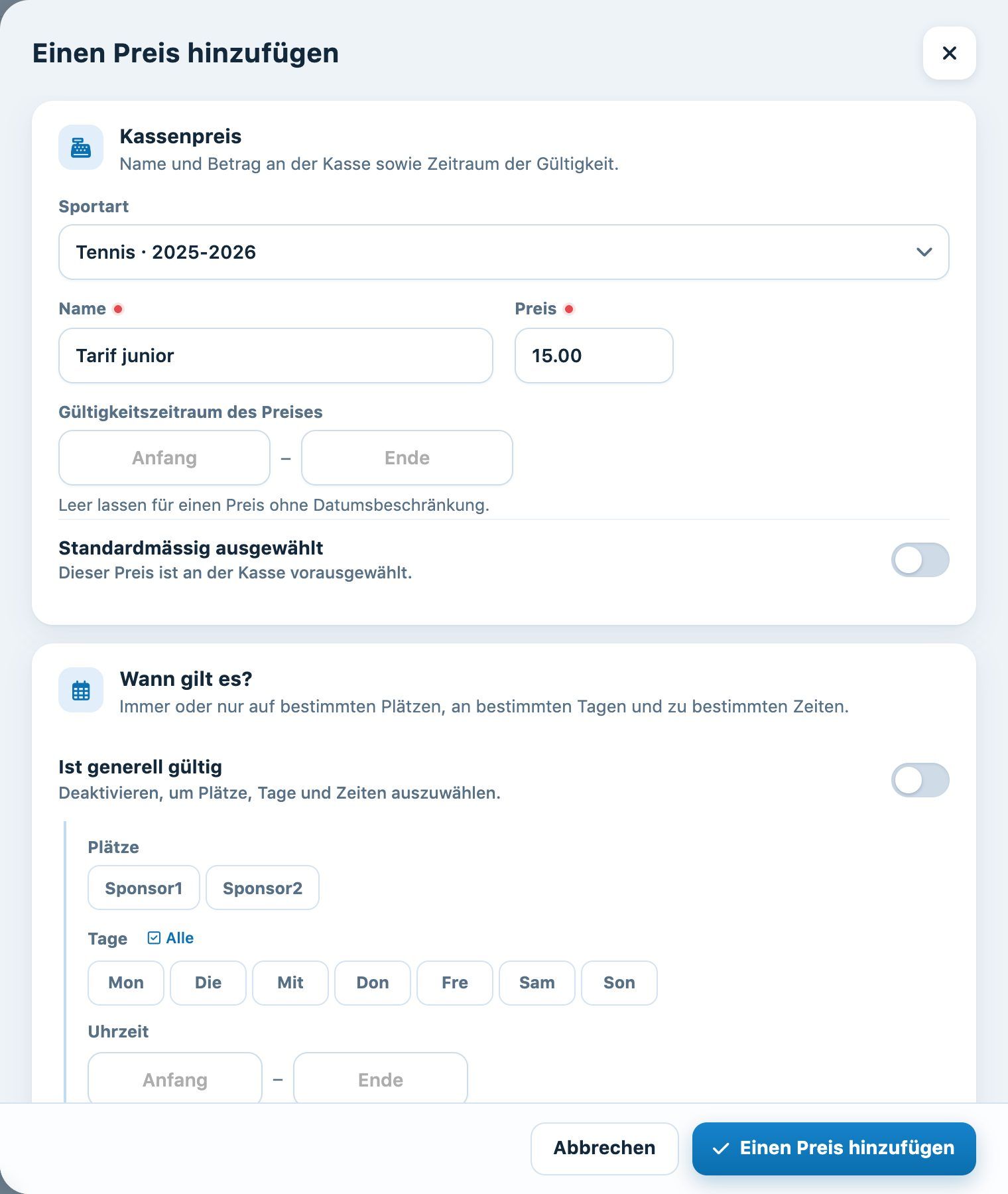 Fenster «Einen Preis hinzufügen»